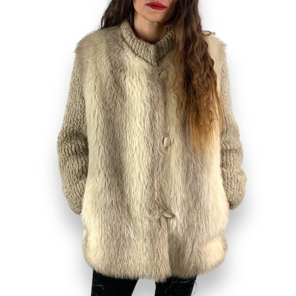 ❌SOLD❌1950's faux fur with knitted wool sleeve coat by DUBROWSKY & PERLBINDER - Picture 4 of 14